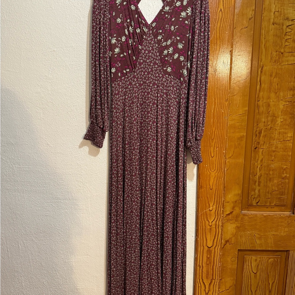 Free People Burgundy Floral Long Sleeve Dress